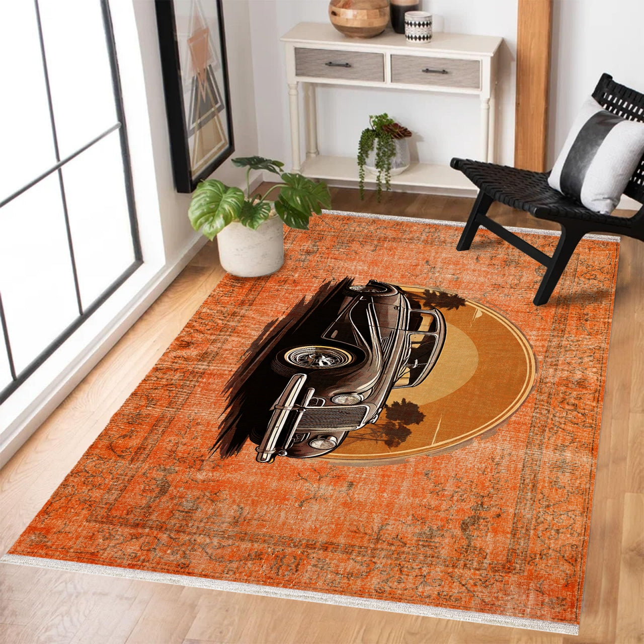 Turuncu Vintage Klasik Araba Desenli Halı