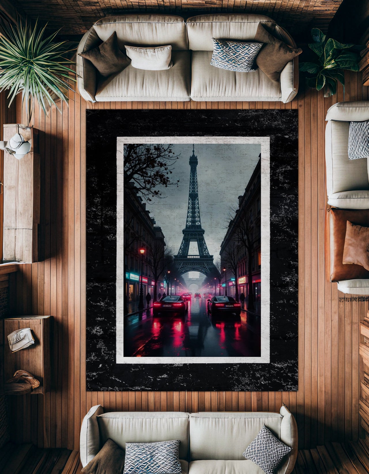 Eyfel Kulesi Trafik Detaylı Kaymaz Tabanlı Yıkanabilir Halı