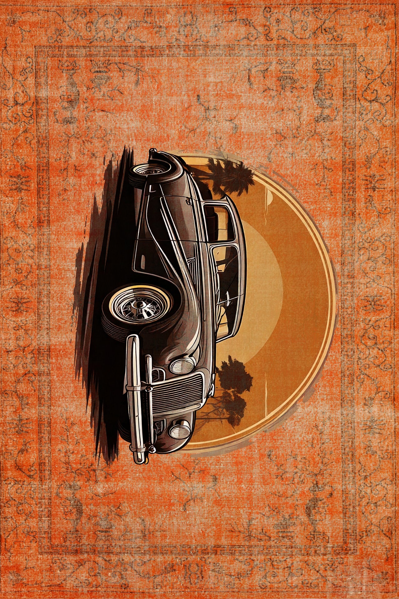 Turuncu Vintage Klasik Araba Desenli Halı