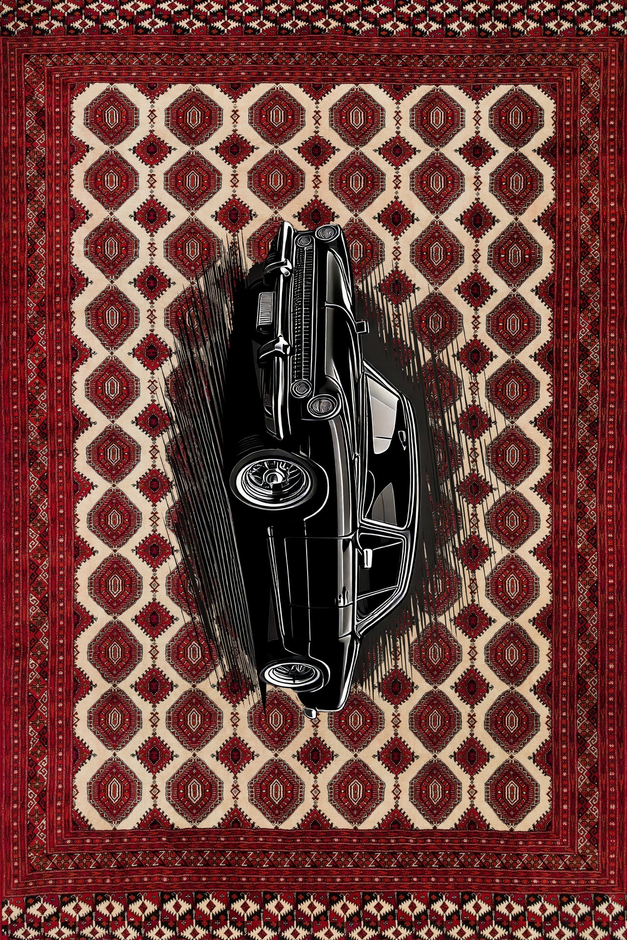 Bordo Retro Klasik Araba Desenli Halı