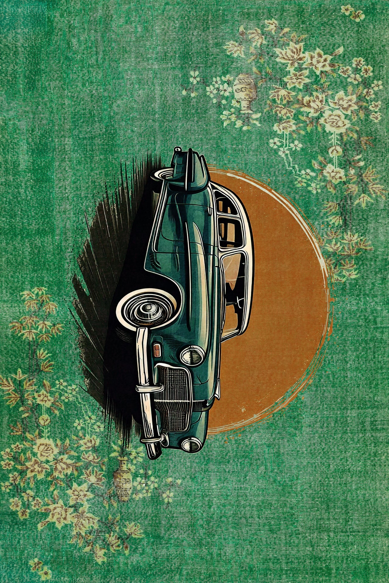 Yeşil Retro Klasik Araba Desenli Halı