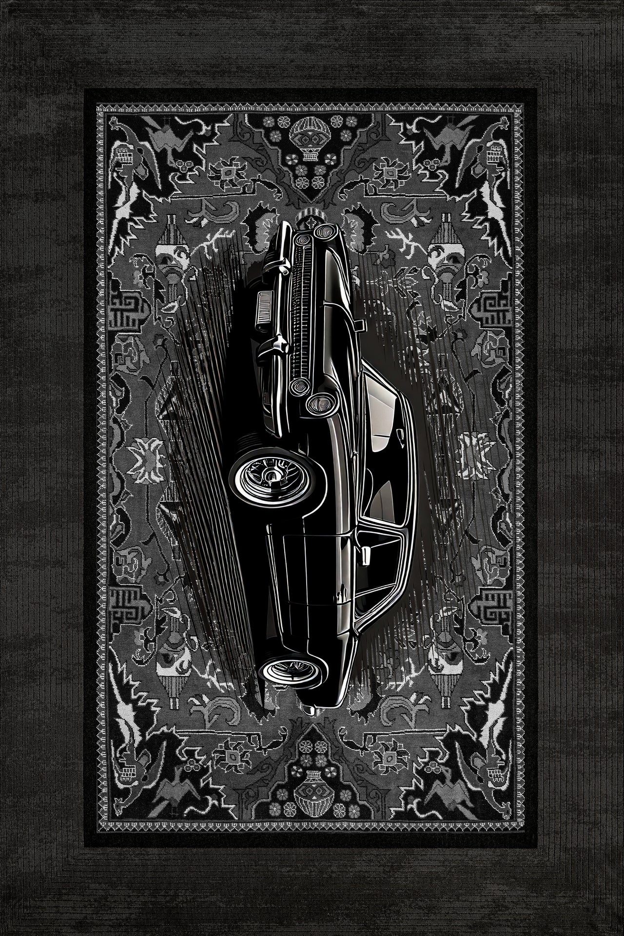 Siyah Retro Klasik Araba Desenli Halı