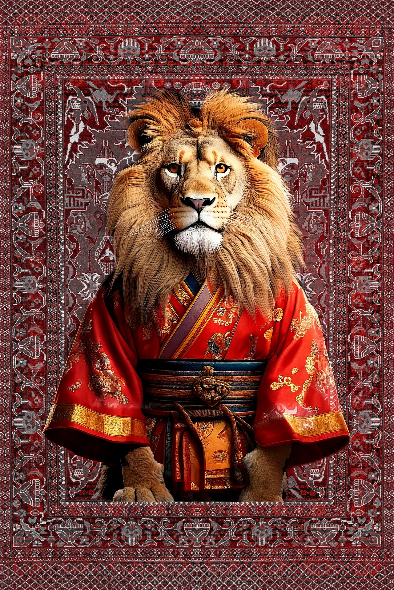 Samuray Aslan Desenli Halı Kaymaz Tabanlı Yıkanabilir Halı