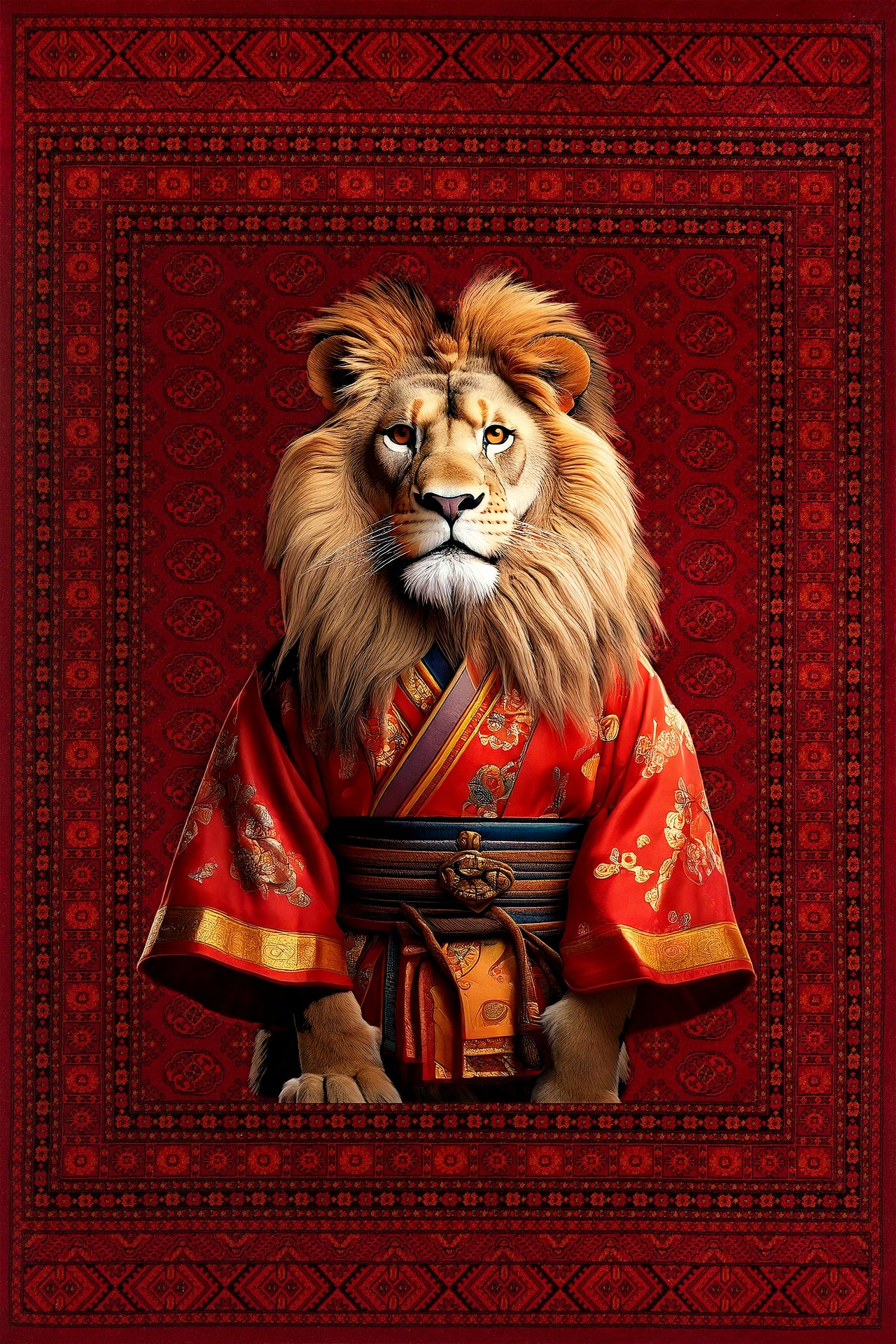 Samuray Aslan Desenli Kaymaz Tabanlı Yıkanabilir Halı