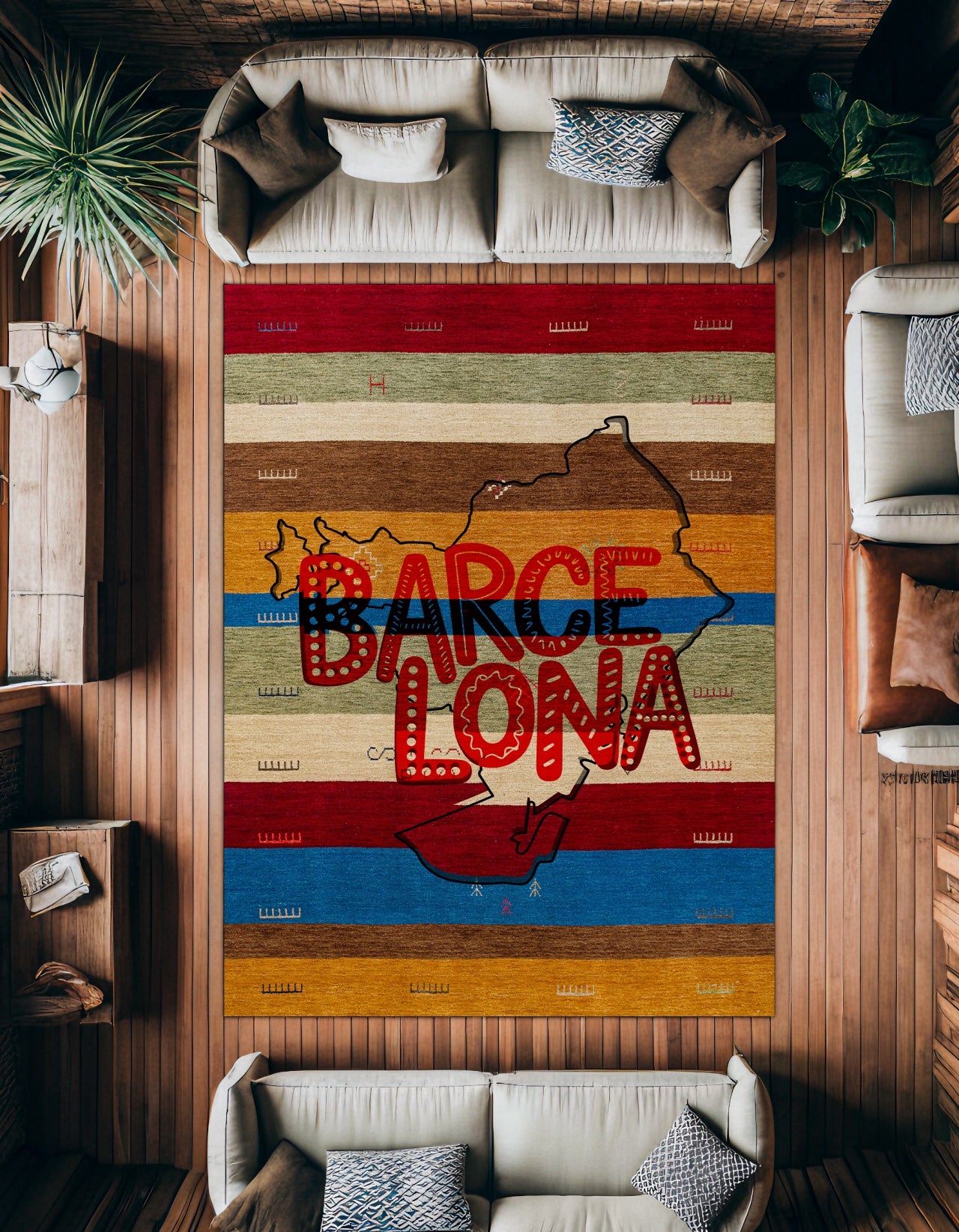 Barcelona Temalı Kaymaz Tabanlı Yıkanabilir Halı