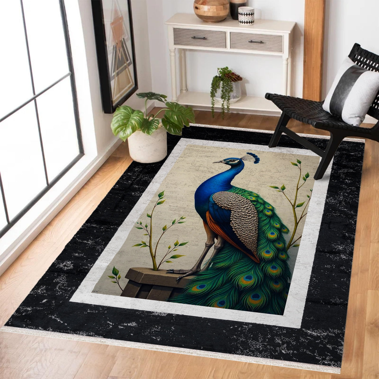 Tavus Kuşu Desenli Kaymaz Tabanlı Yıkanabilir Halı