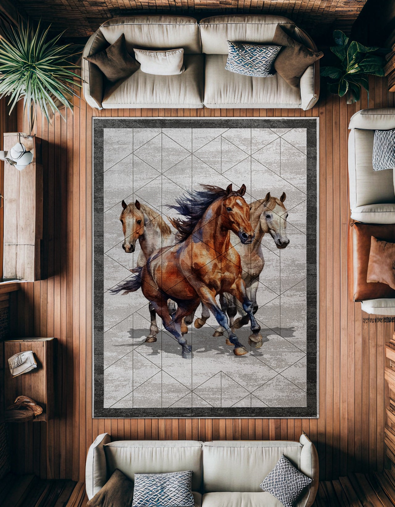 Koşan Atlar Kaymaz Tabanlı Yıkanabilir Halı