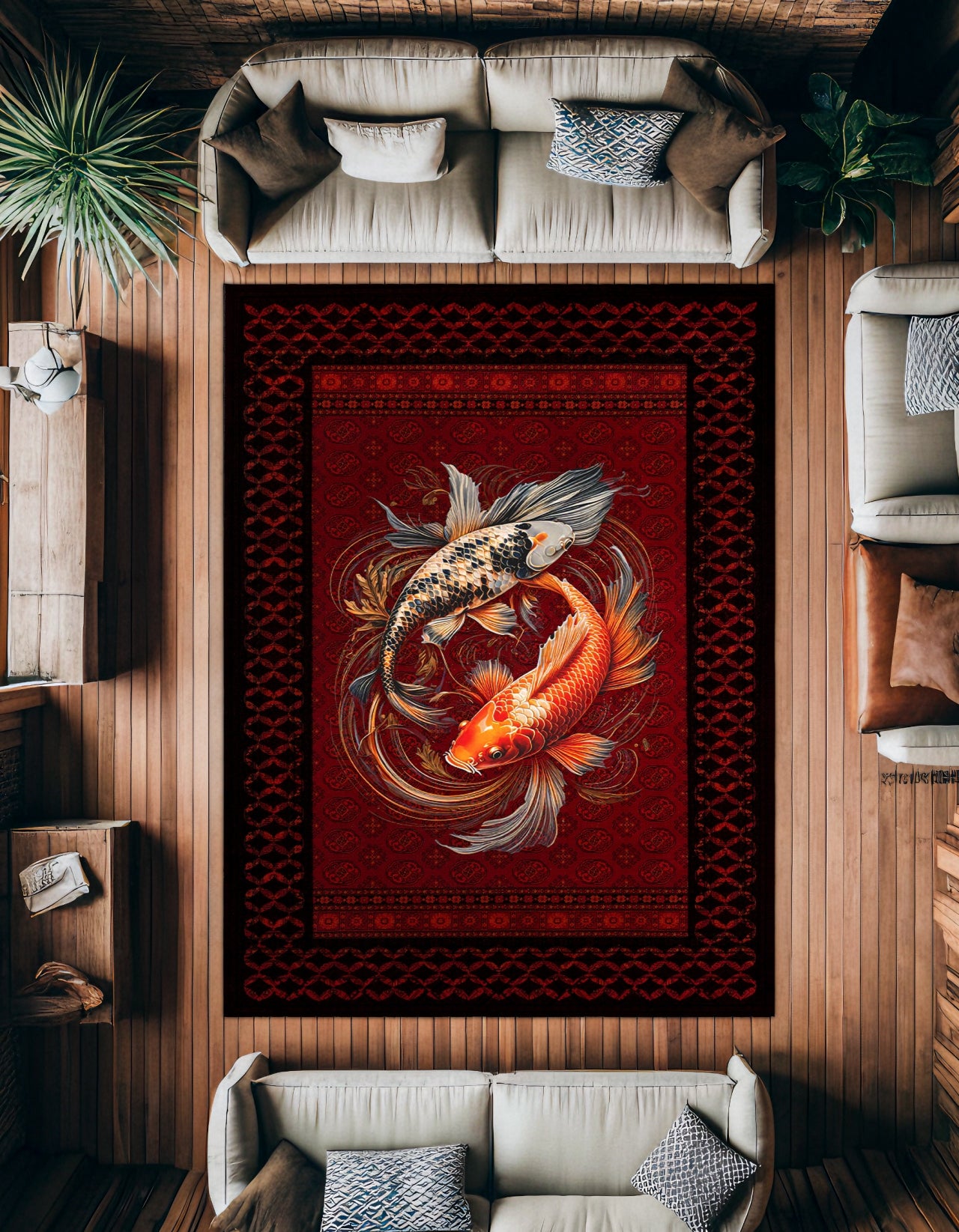 Koi Balığı Desenli Kaymaz Tabanlı Yıkanabilir Halı