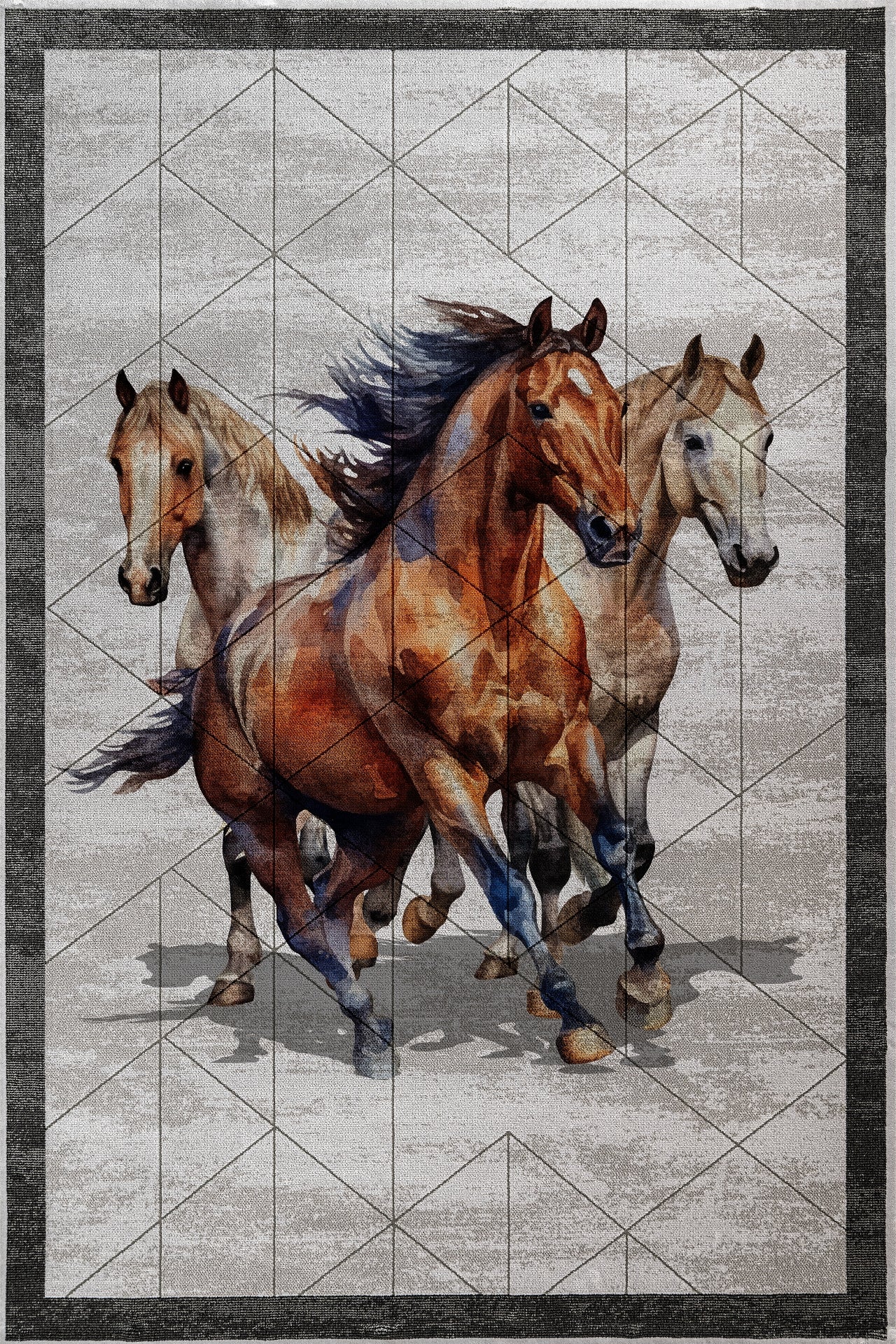 Koşan Atlar Kaymaz Tabanlı Yıkanabilir Halı