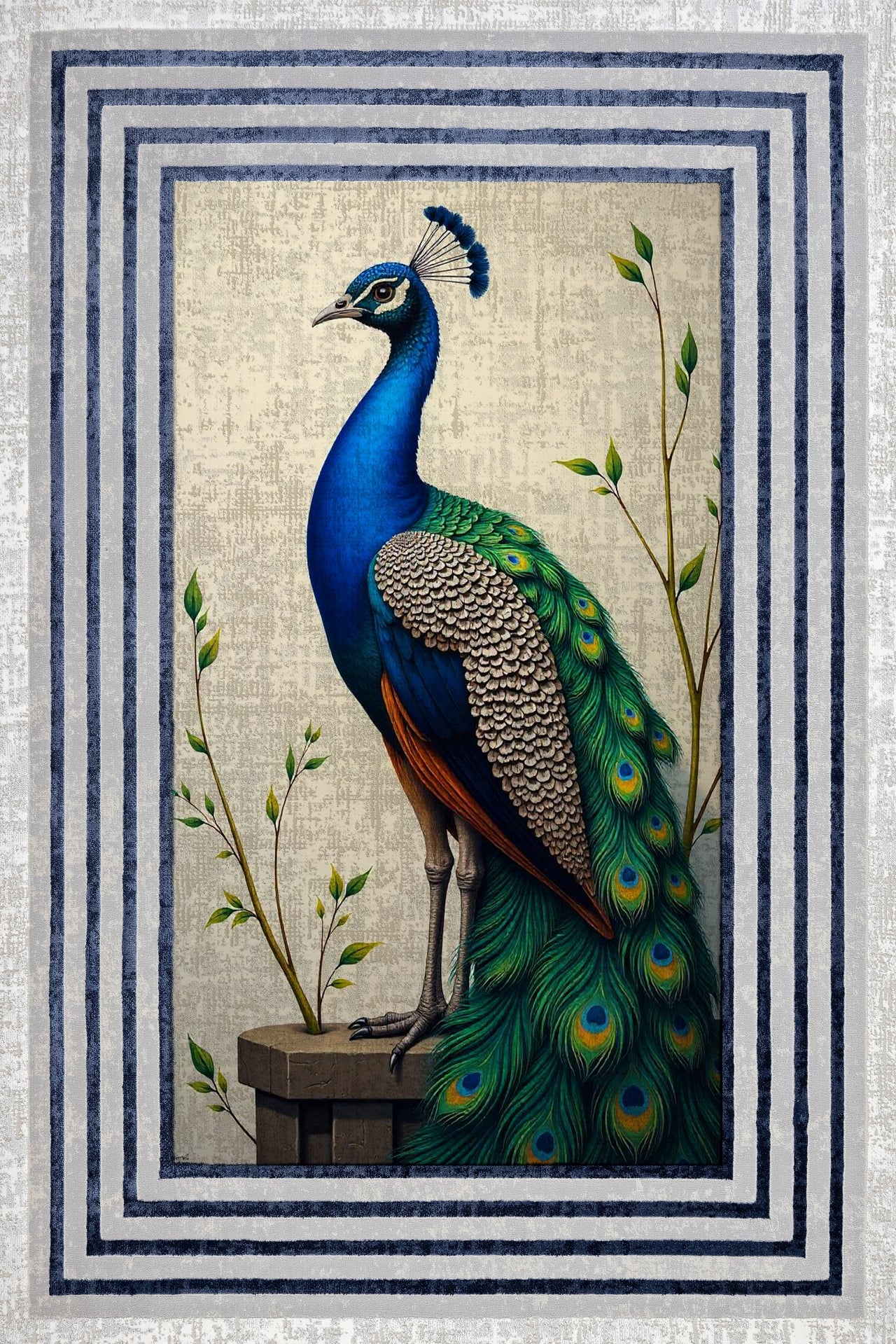 Tavus Kuşu Desenli Kaymaz Tabanlı Yıkanabilir Halı