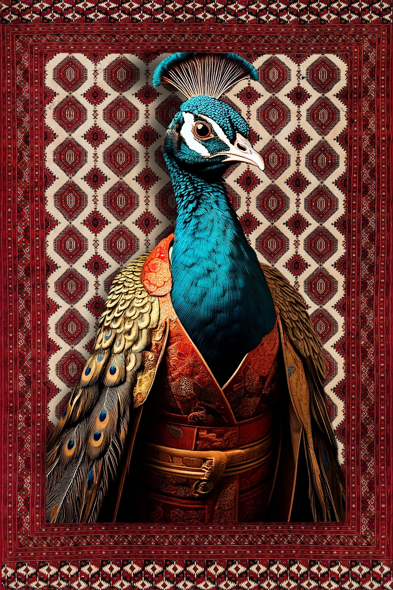 Tavus Kuşu Desenli Kaymaz Tabanlı Yıkanabilir Halı