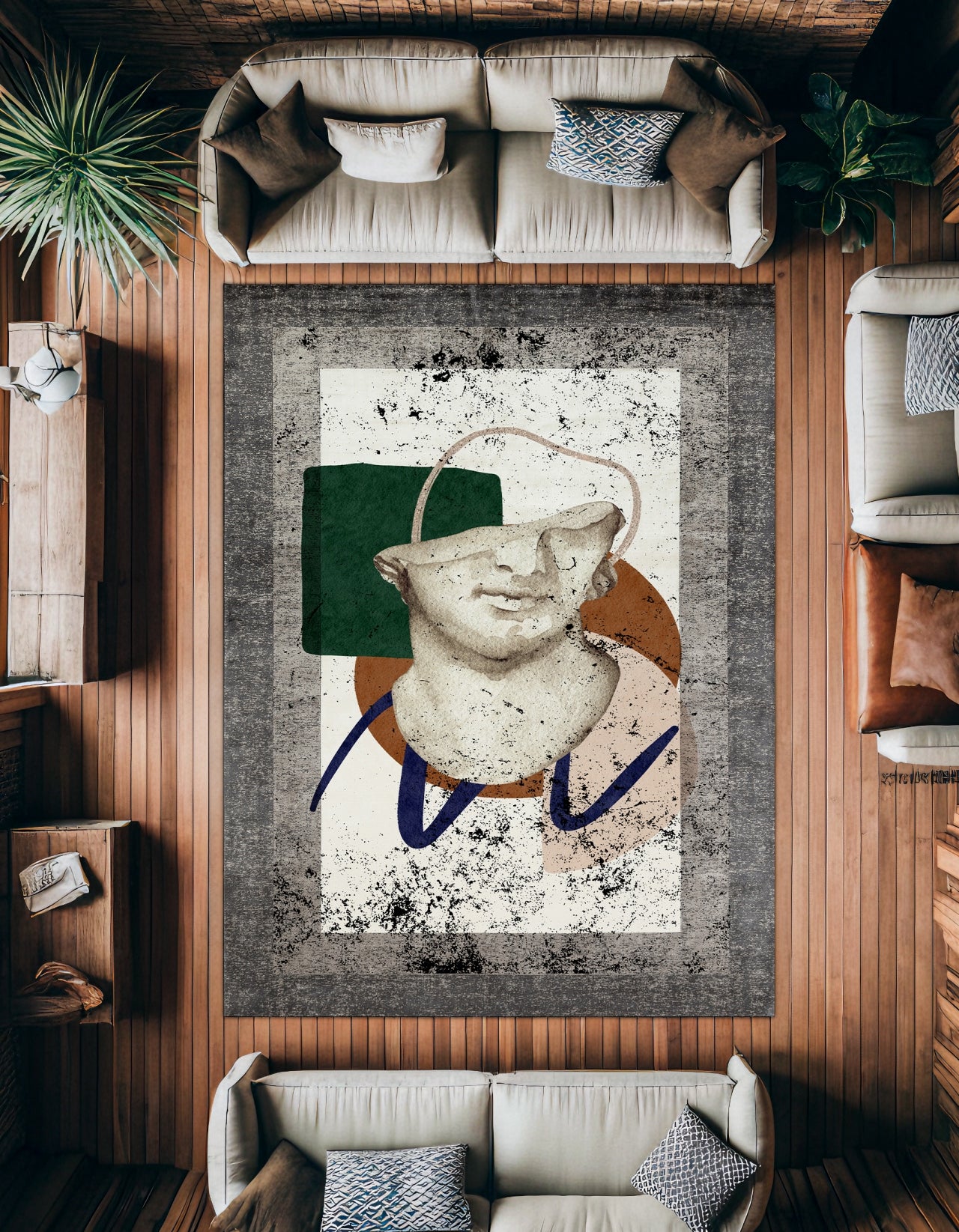 Mitolojik Roma Heykeli Kaymaz Tabanlı Yıkanabilir Halı