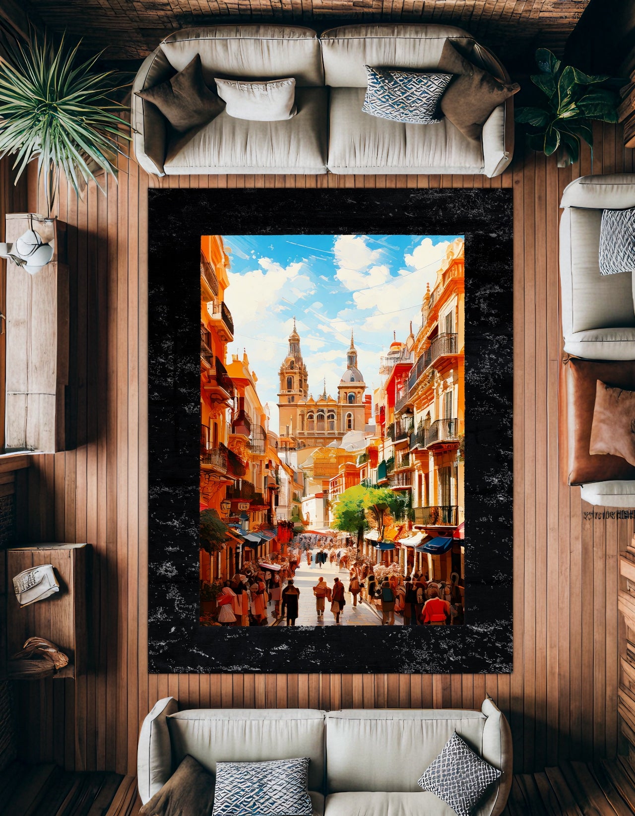 İspanya Sokakları Kaymaz Tabanlı Yıkanabilir Halı