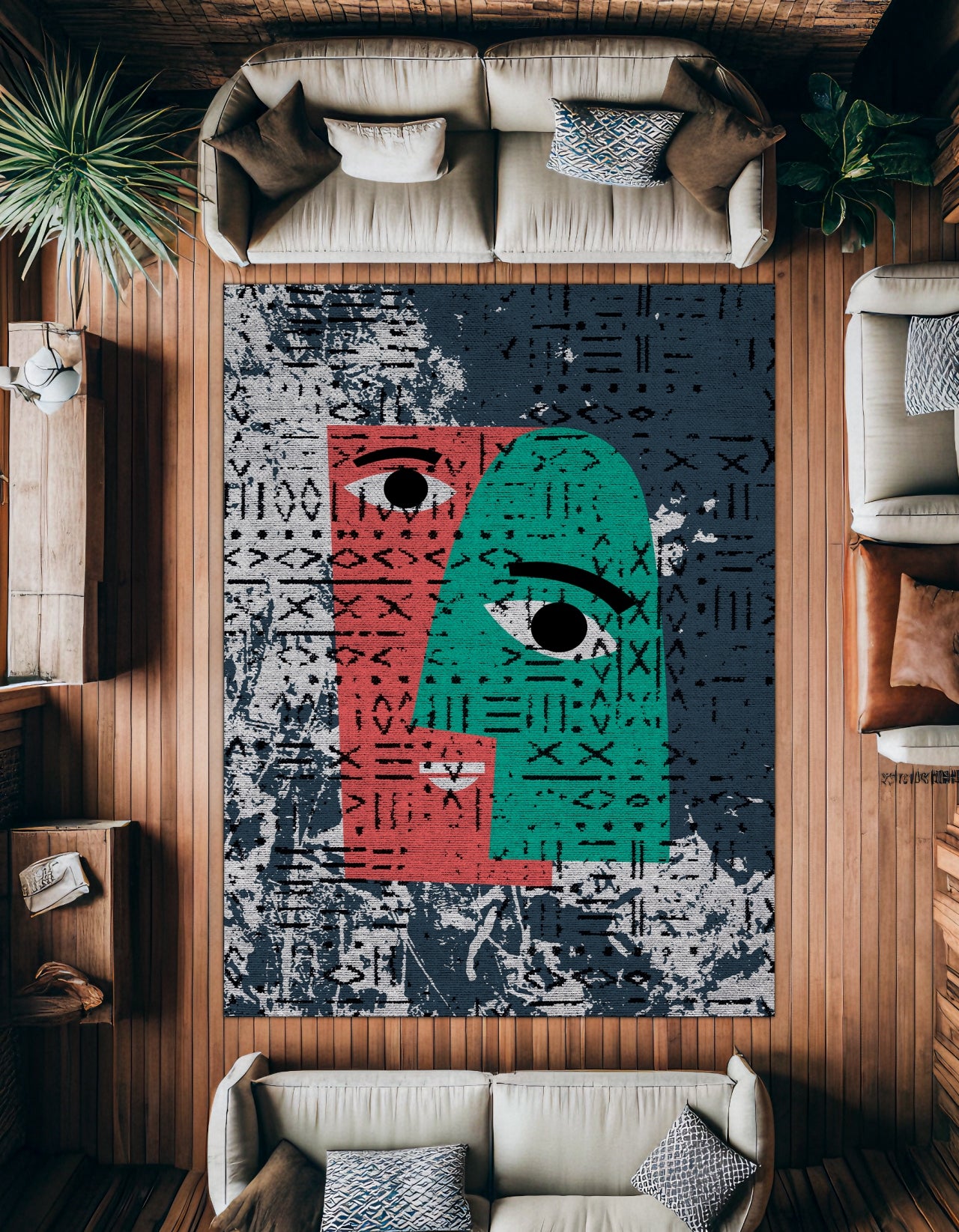 Soyut Desenli Kaymaz Tabanlı Yıkanabilir Halı