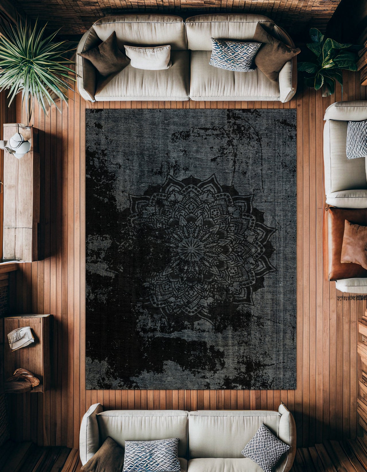 Mandala Desenli Kaymaz Tabanlı Yıkanabilir Halı