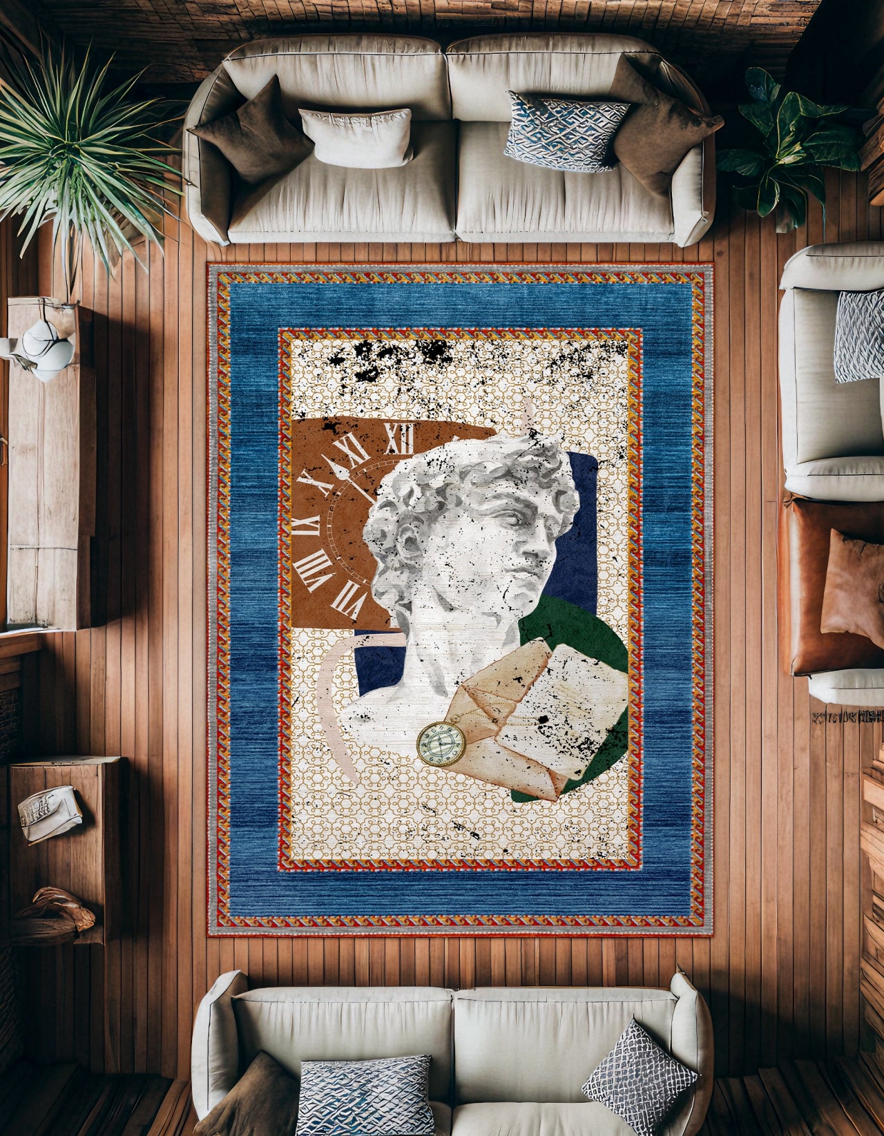 Heykel Desenli Kaymaz Tabanlı Yıkanabilir Halı