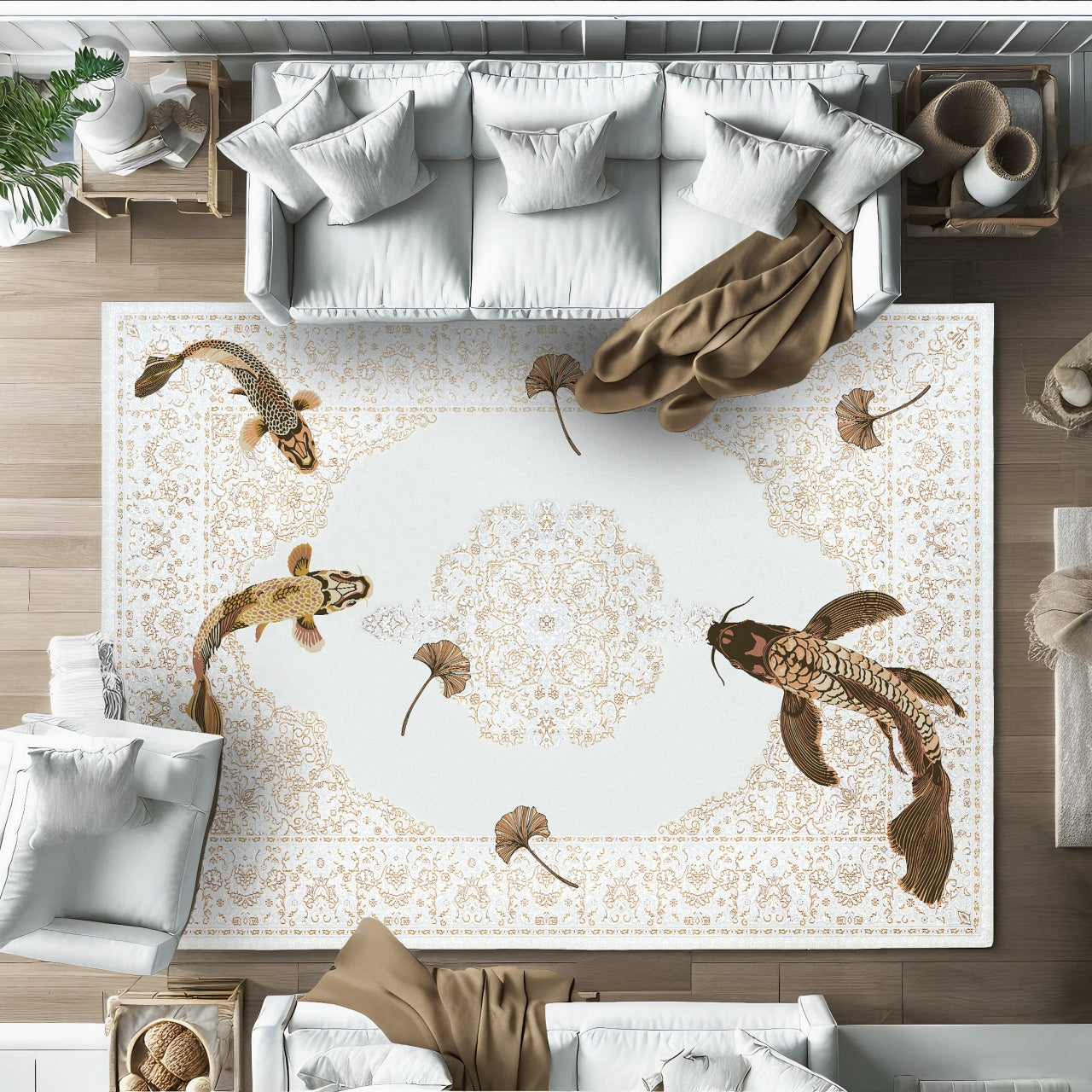 DESENLİ KOİ Yıkanabilir Kaymaz Tabanlı Halı