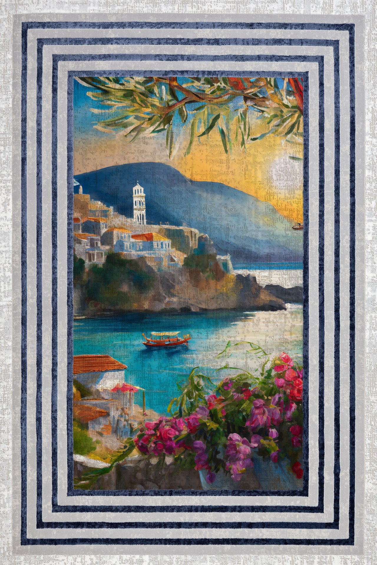 Yunanistan Manzaralı Kaymaz Tabanlı Yıkanabilir Halı