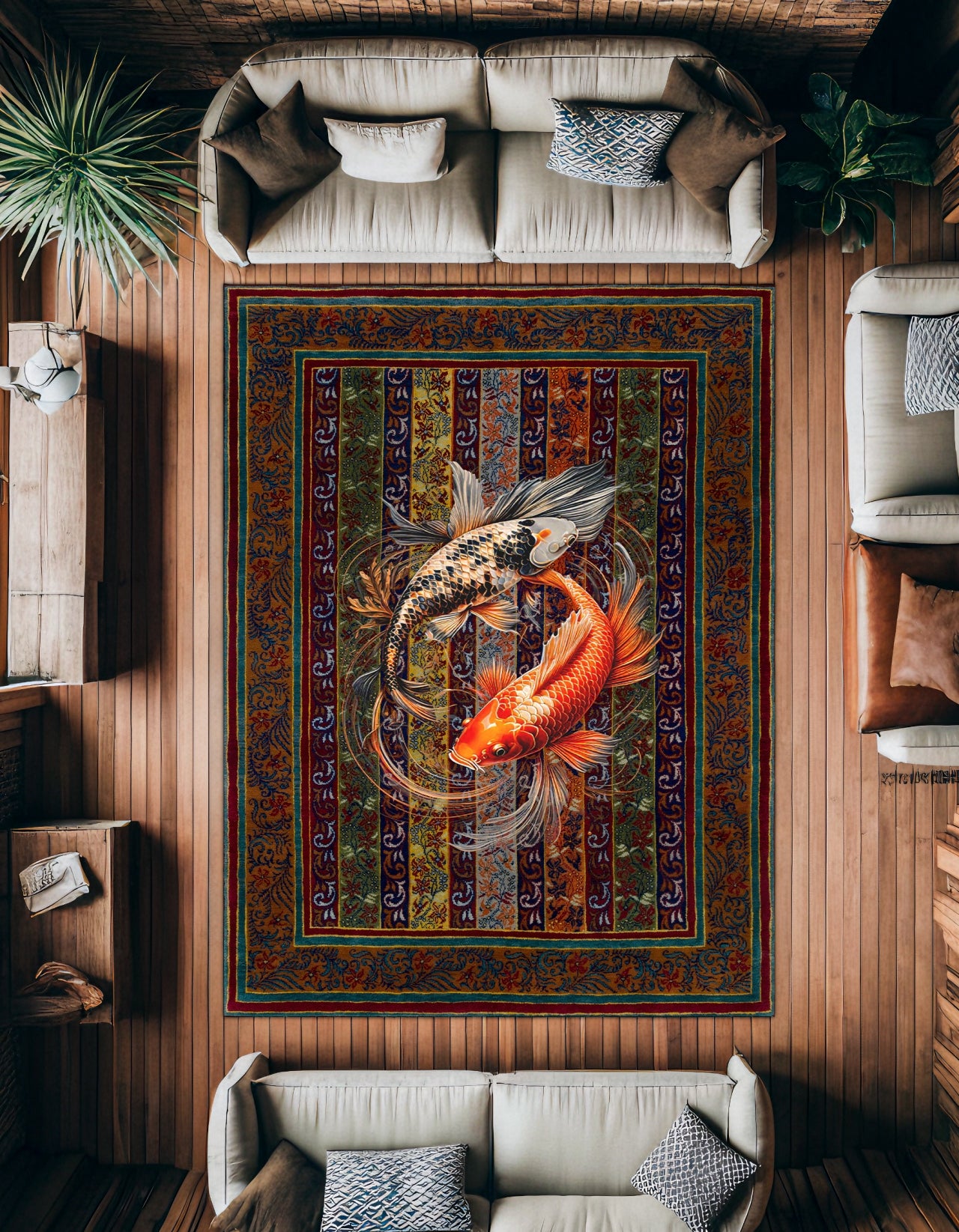 Koi Balığı Desenli Kaymaz Tabanlı Yıkanabilir Halı