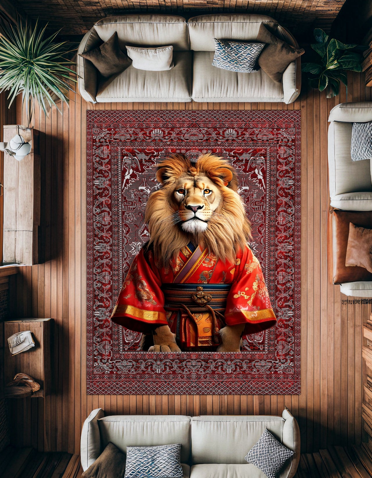 Samuray Aslan Desenli Halı Kaymaz Tabanlı Yıkanabilir Halı