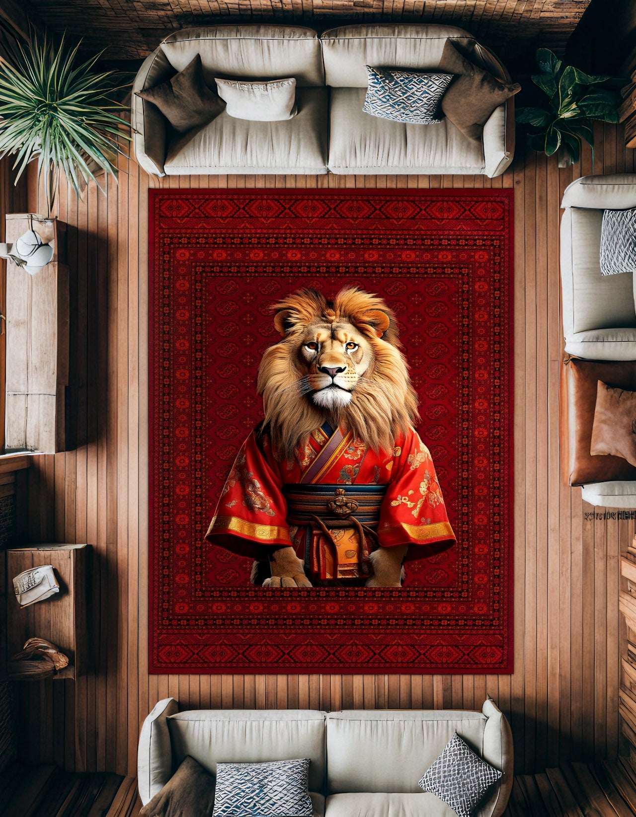 Samuray Aslan Desenli Kaymaz Tabanlı Yıkanabilir Halı