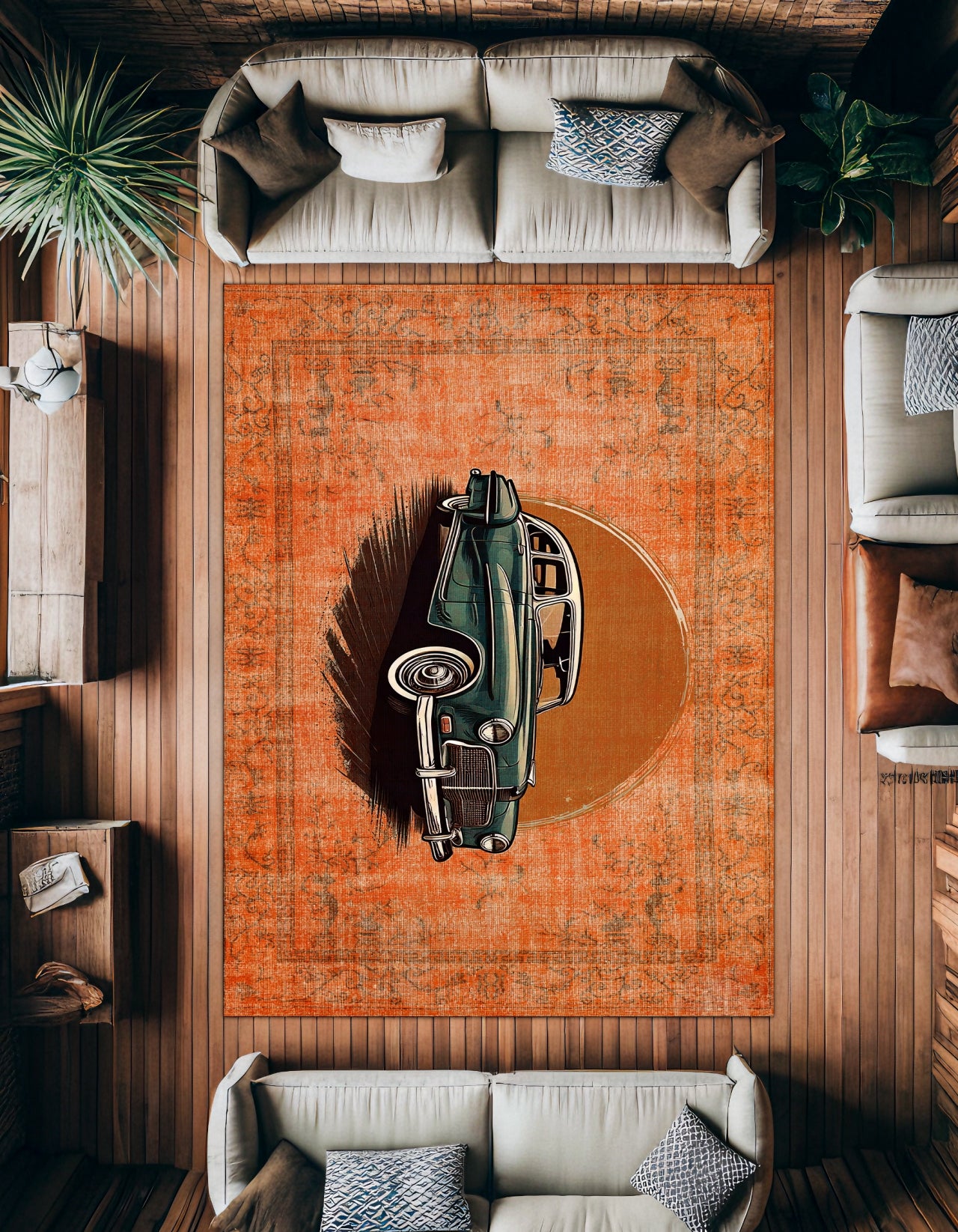 Turuncu Retro Klasik Araba Desenli Halı