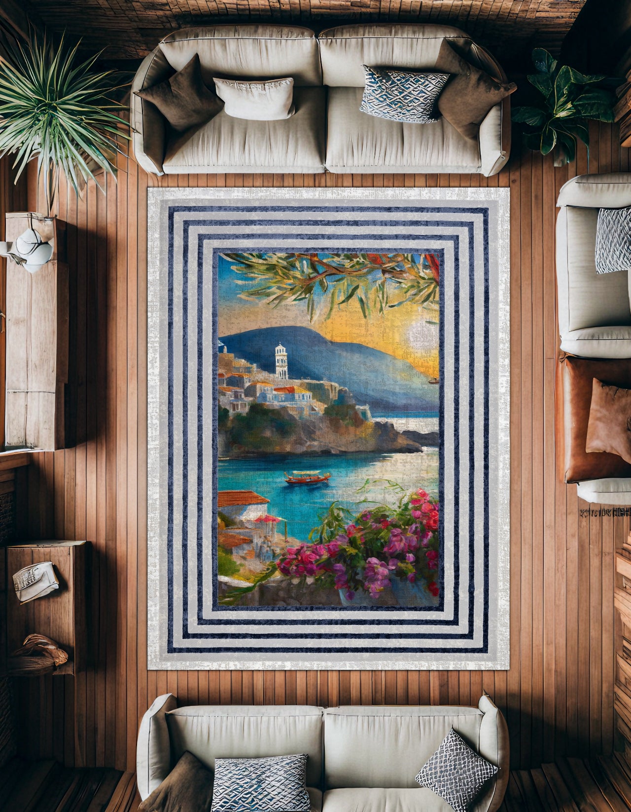 Yunanistan Manzaralı Kaymaz Tabanlı Yıkanabilir Halı