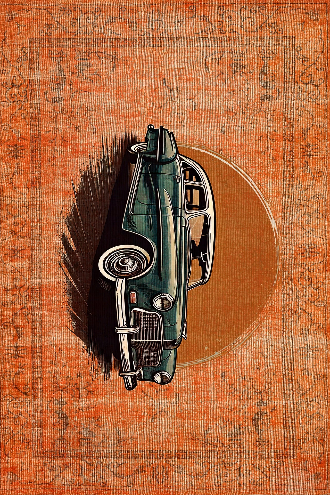 Turuncu Retro Klasik Araba Desenli Halı