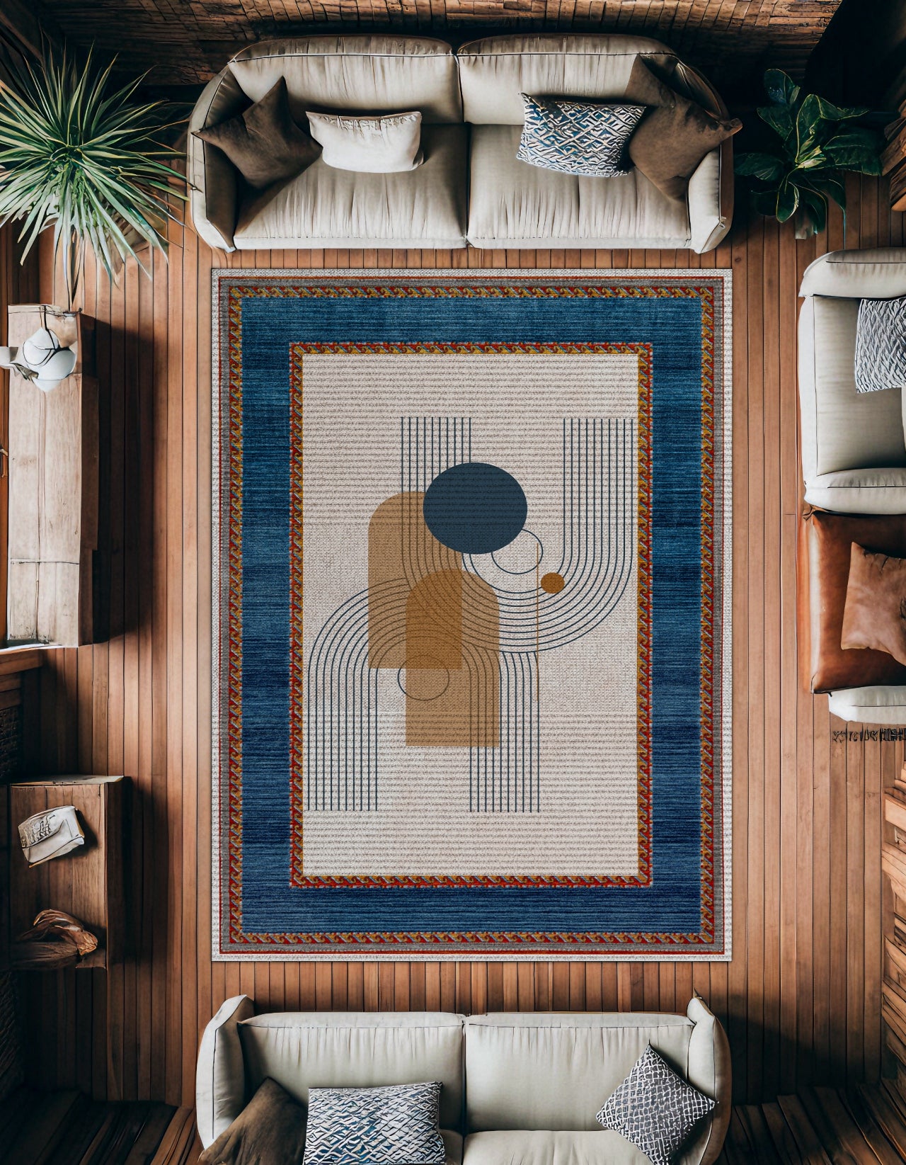 Mavi Çerçeveli Geometrik Desenli Kaymaz Tabanlı Yıkanabilir Halı