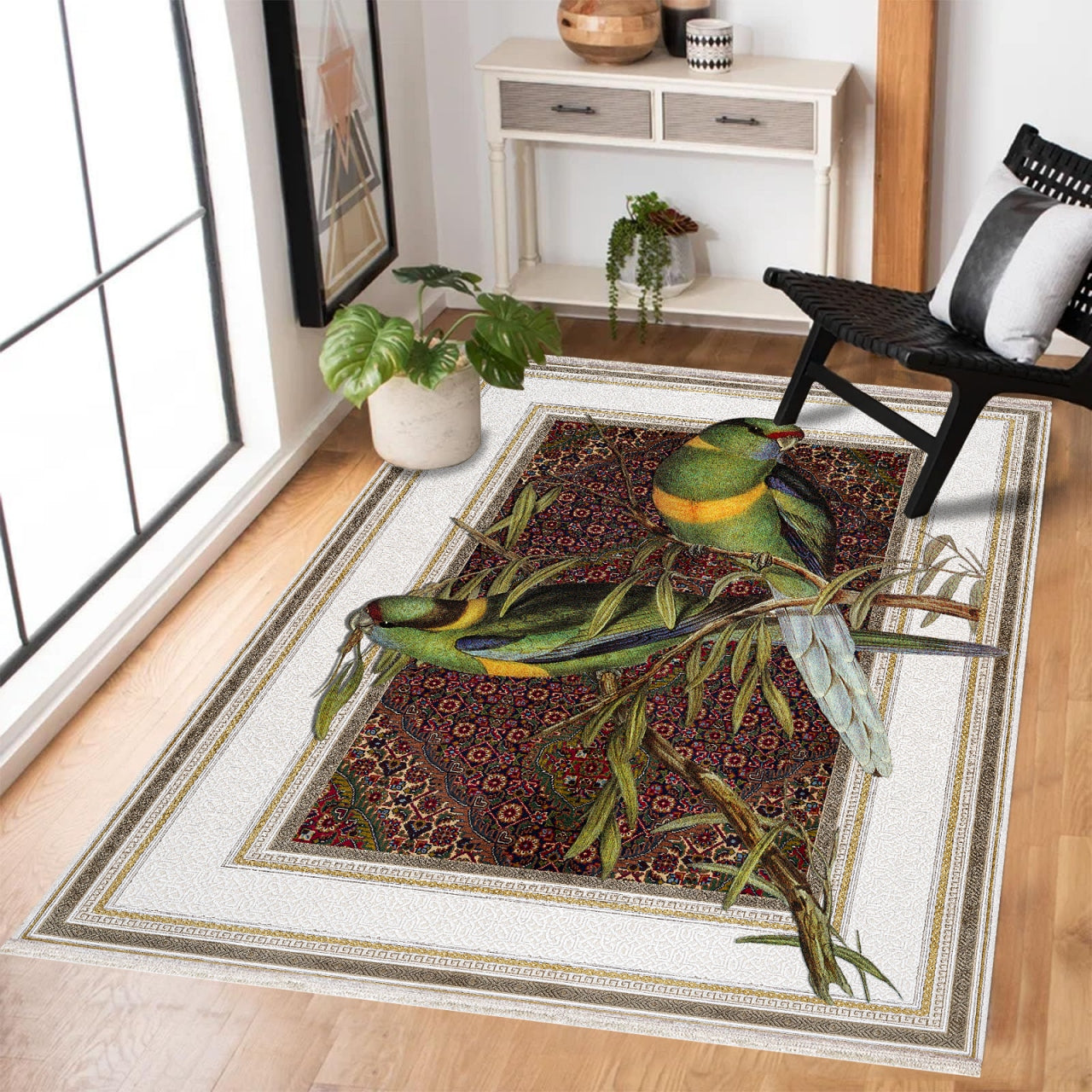 Yeşil Papağan Desenli Kaymaz Tabanlı Yıkanabilir Halı