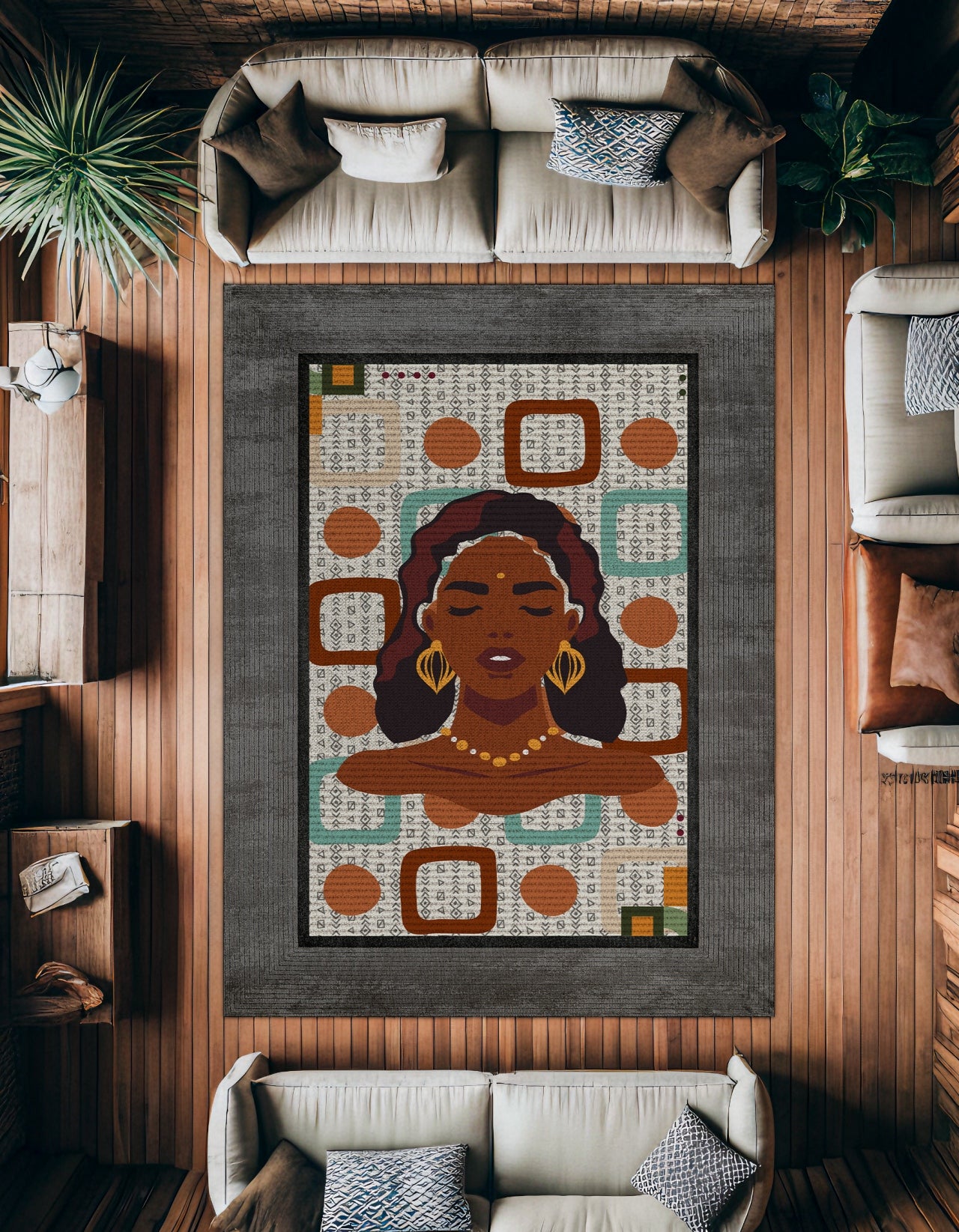 Geometrik Kadın Desenli Kaymaz Tabanlı Yıkanabilir Halı