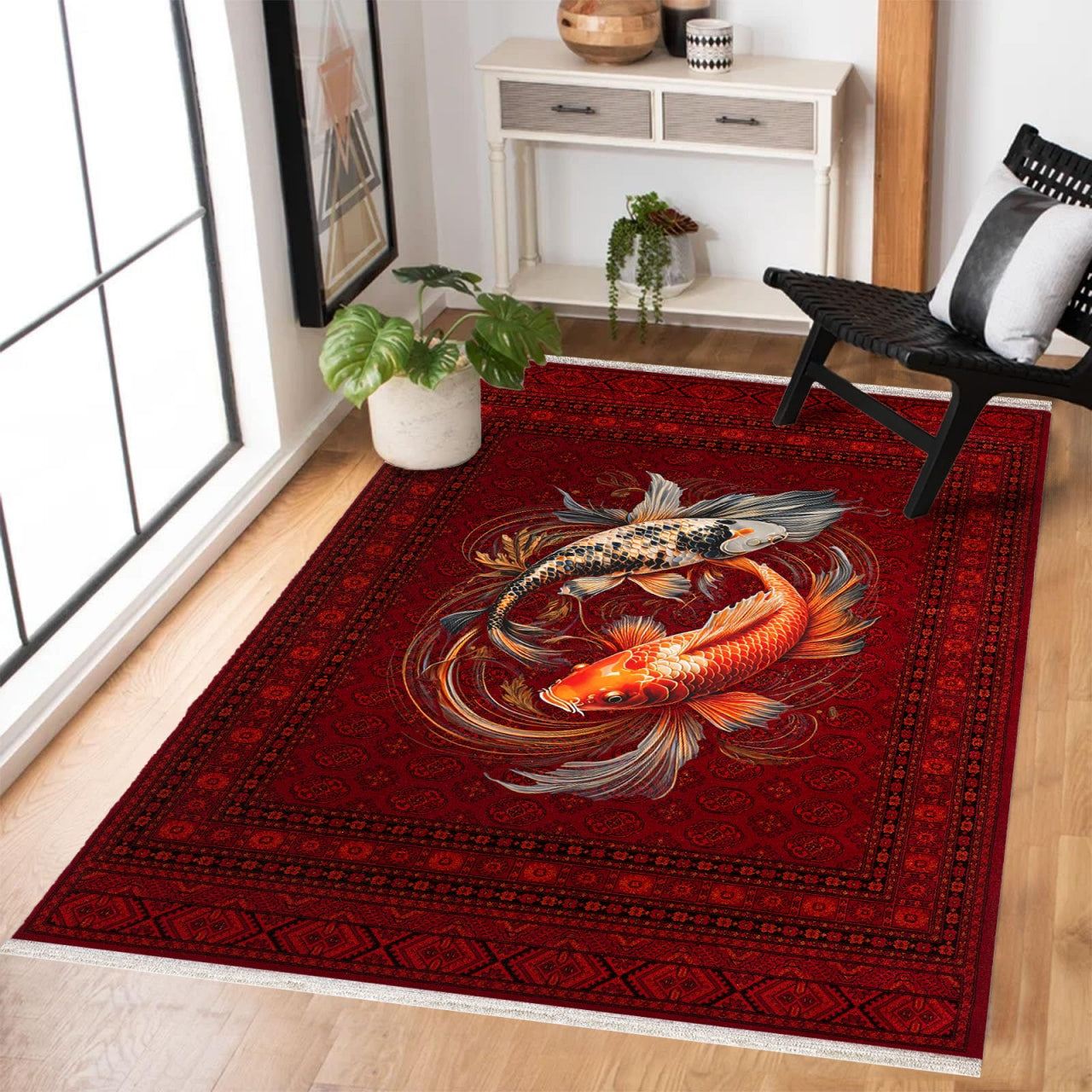 Koi Balığı Desenli Kaymaz Tabanlı Yıkanabilir Halı