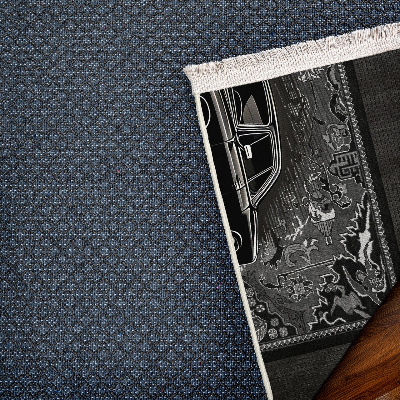 Siyah Retro Klasik Araba Desenli Halı