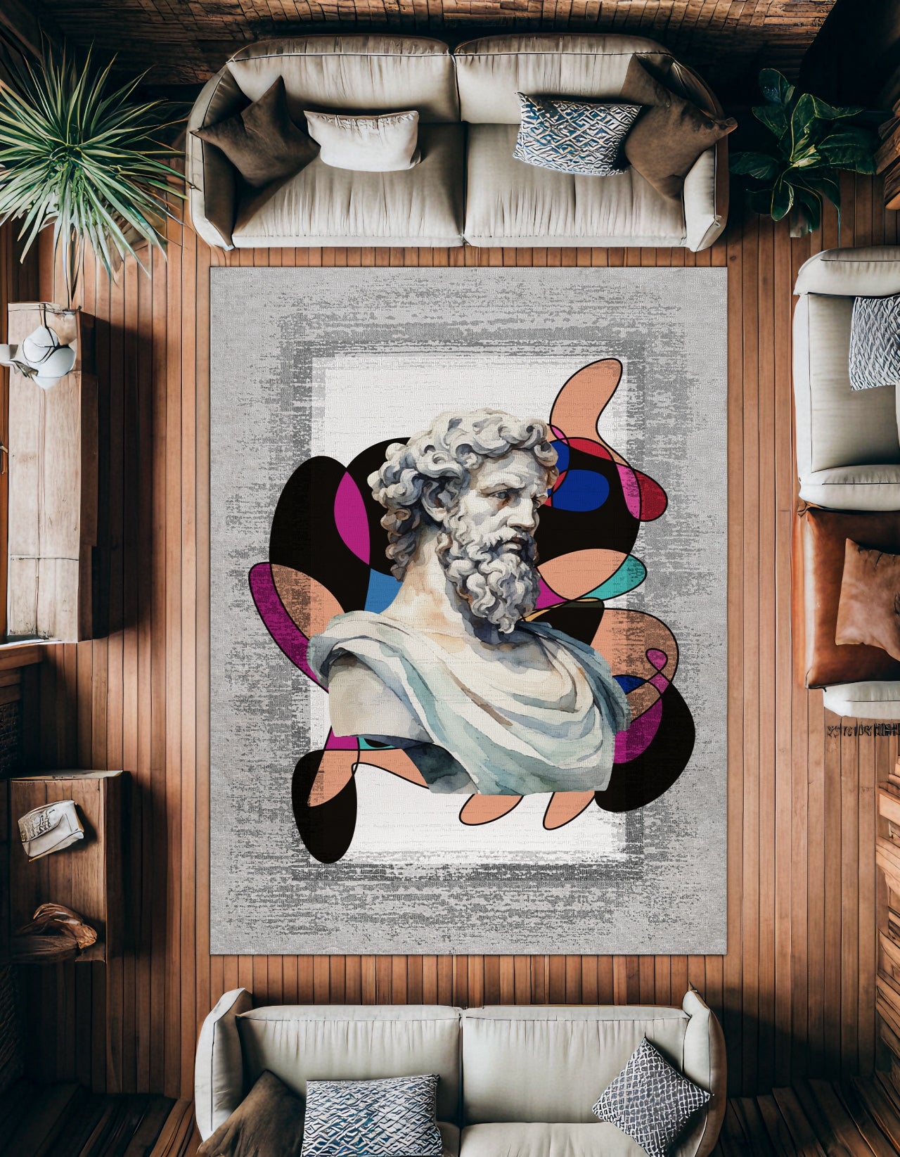 Renkli Heykel Desenli Kaymaz Tabanlı Yıkanabilir Halı