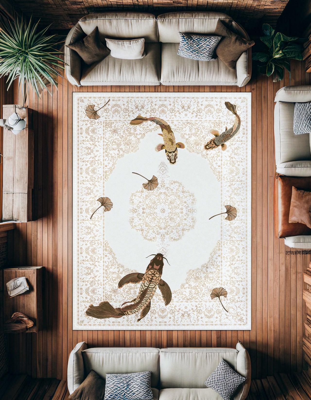 DESENLİ KOİ Yıkanabilir Kaymaz Tabanlı Halı