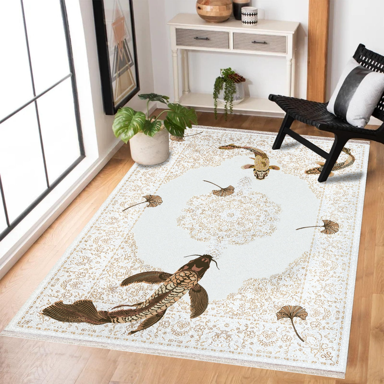 DESENLİ KOİ Yıkanabilir Kaymaz Tabanlı Halı