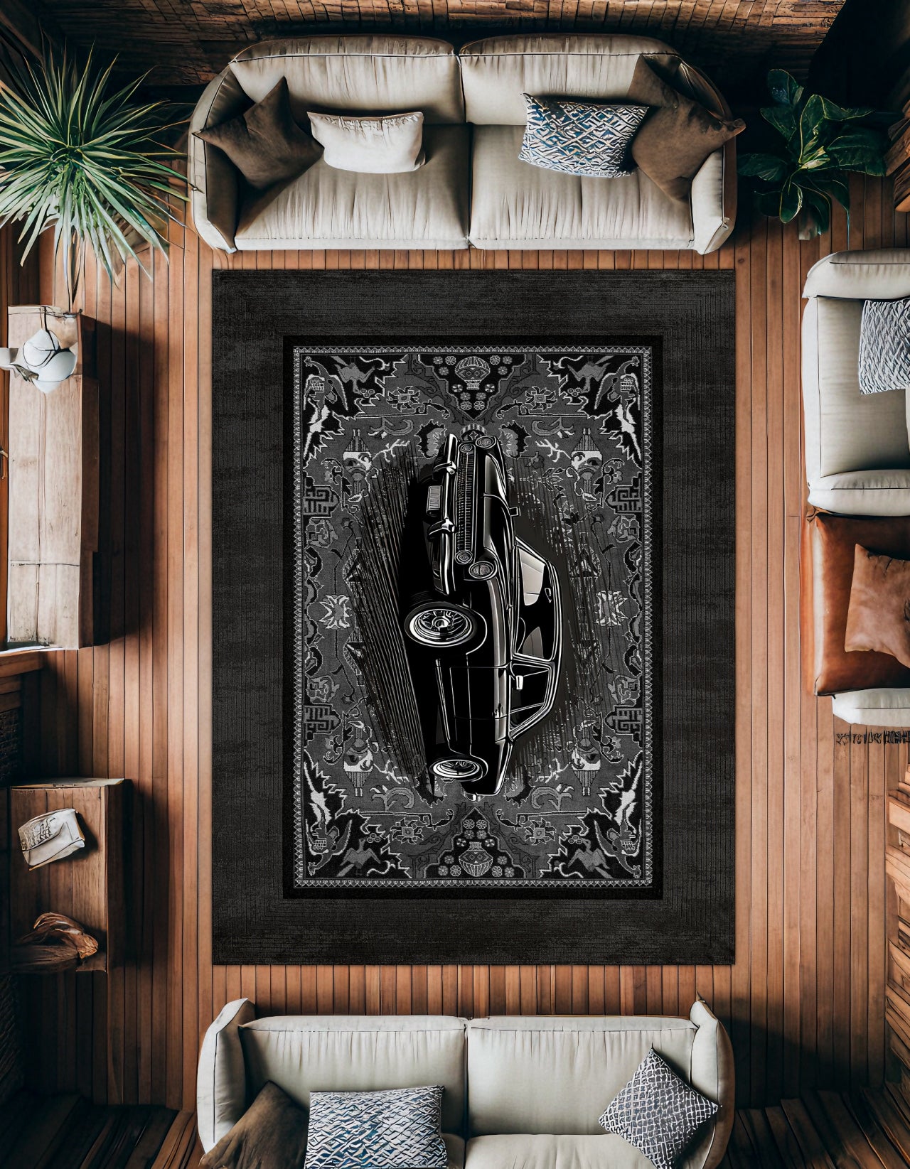 Siyah Retro Klasik Araba Desenli Halı