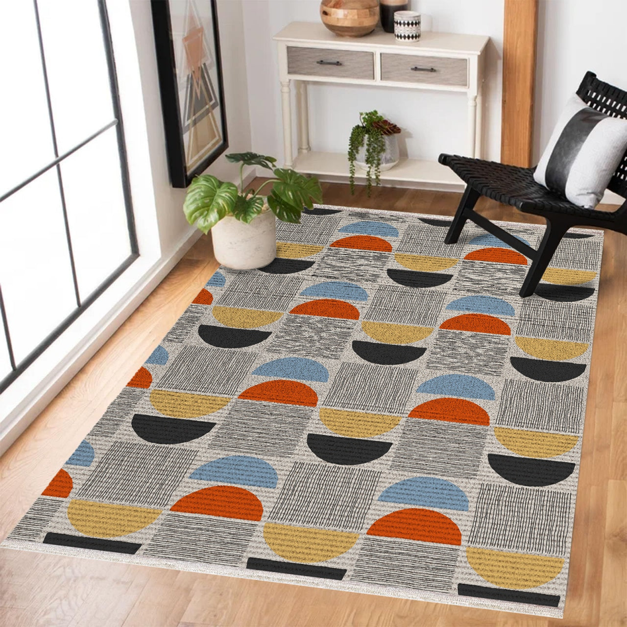 Renkli Geometrik Kaymaz Tabanlı Yıkanabilir Halı