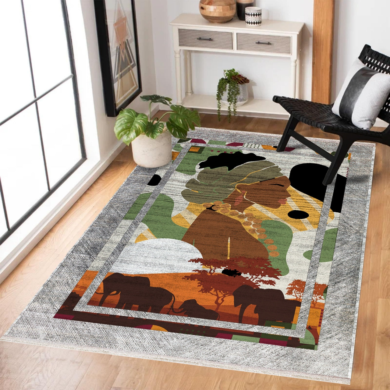 Safari ve Kadın Detaylı Kaymaz Tabanlı Yıkanabilir Halı