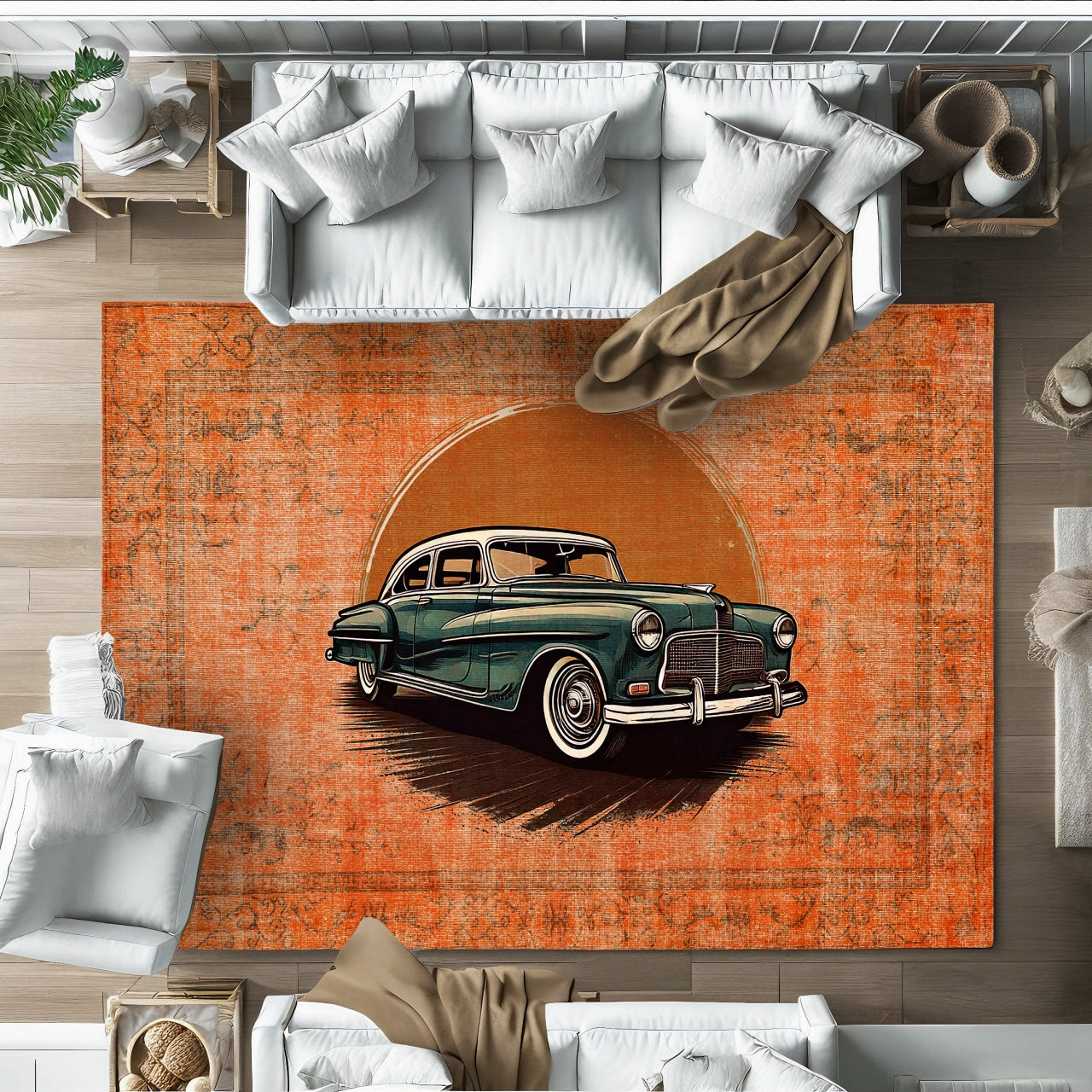 Turuncu Retro Klasik Araba Desenli Halı