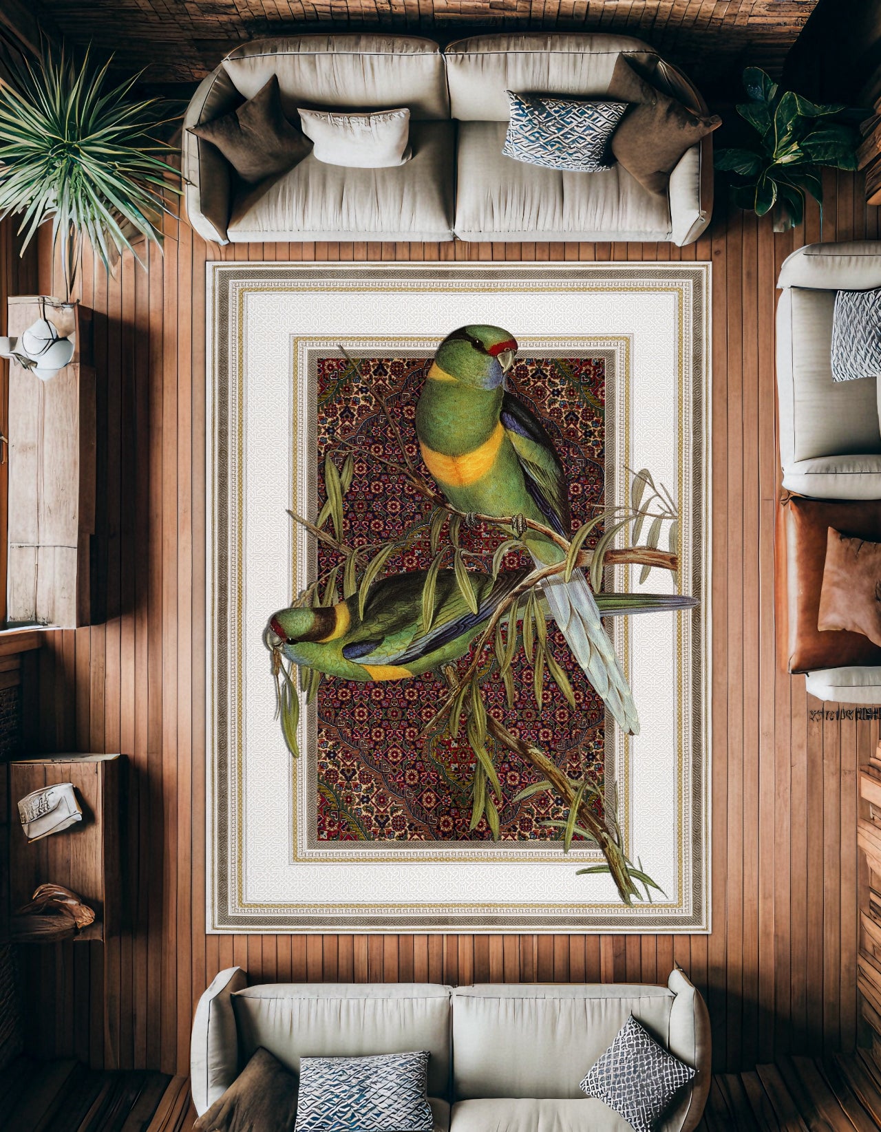 Yeşil Papağan Desenli Kaymaz Tabanlı Yıkanabilir Halı