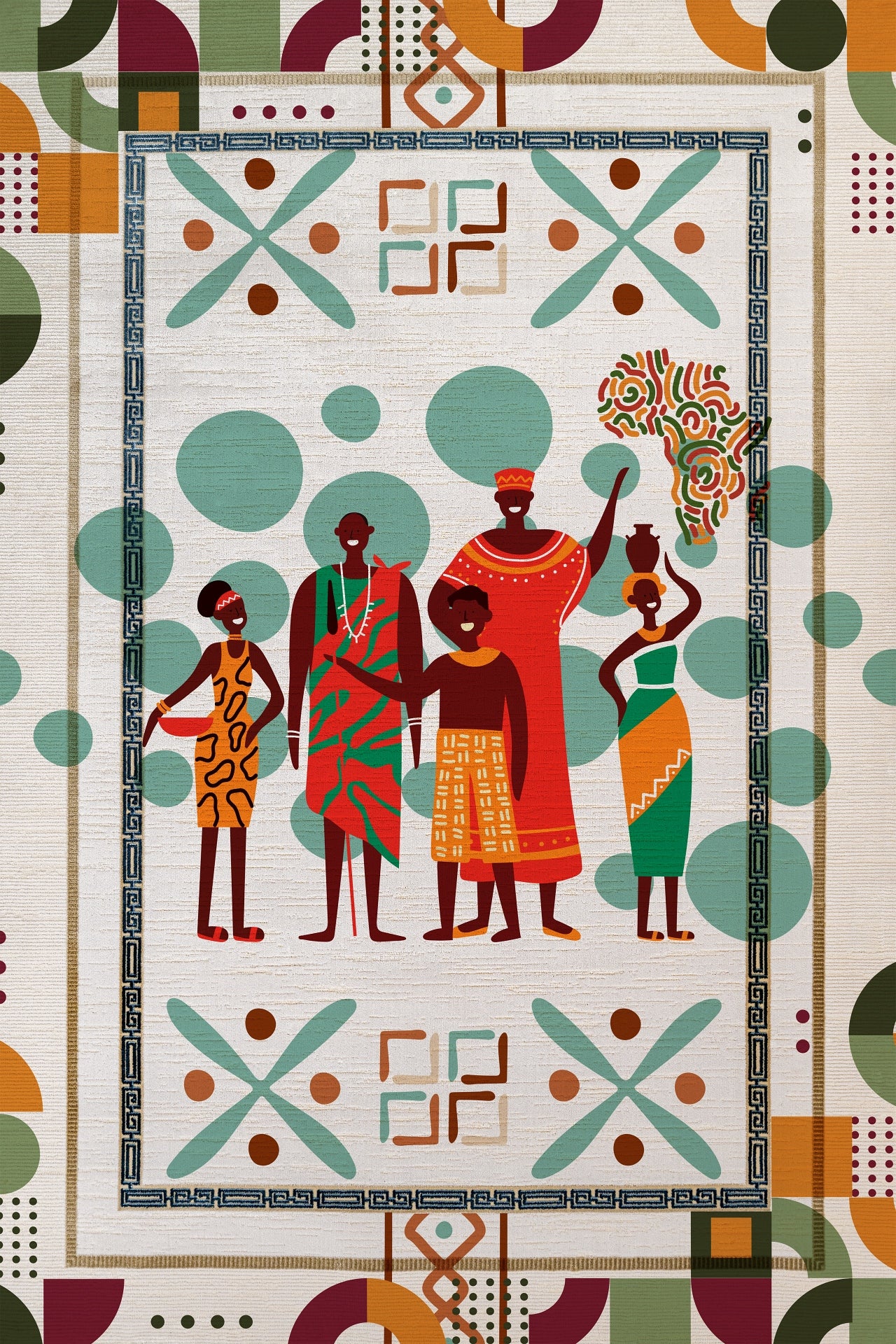 Geometrik Desenli Aile Temalı Kaymaz Tabanlı Yıkanabilir Halı