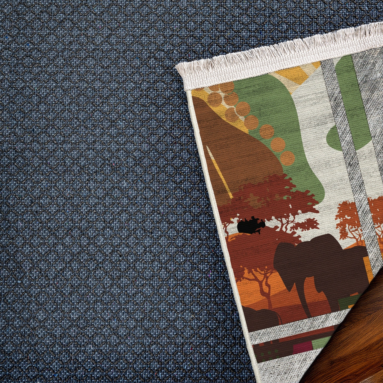 Safari ve Kadın Detaylı Kaymaz Tabanlı Yıkanabilir Halı