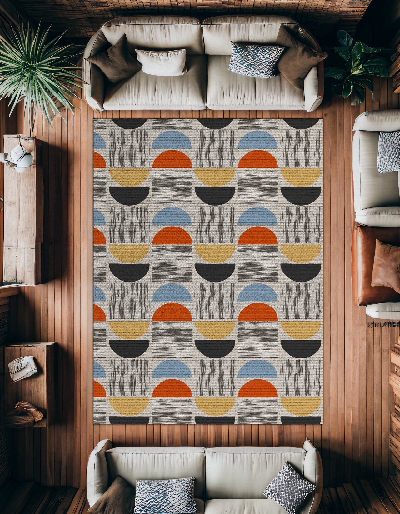 Renkli Geometrik Kaymaz Tabanlı Yıkanabilir Halı