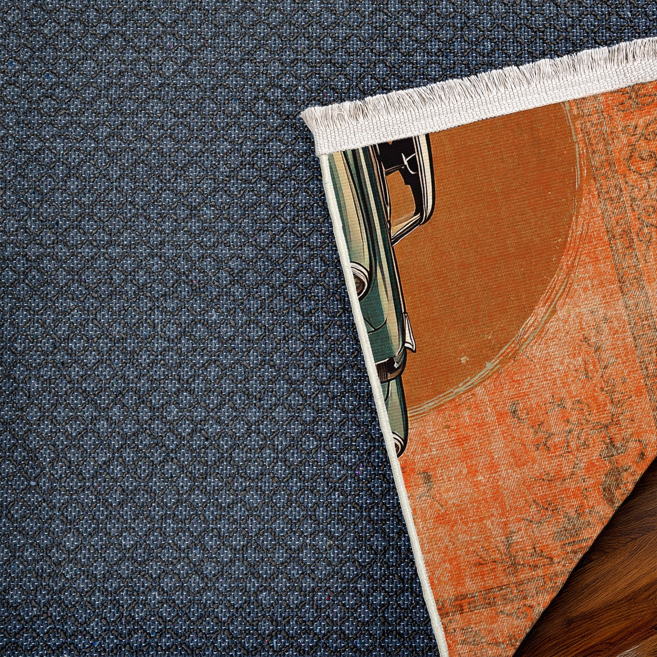 Turuncu Retro Klasik Araba Desenli Halı