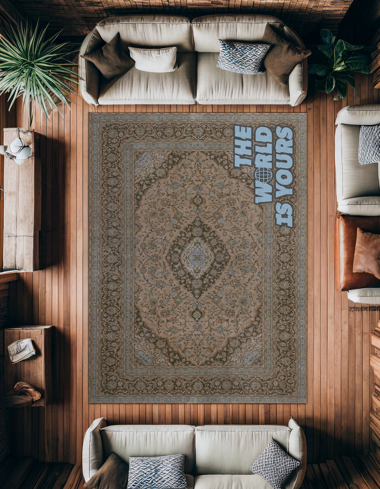 Etnik Slogan Kaymaz Tabanlı Yıkanabilir Halı