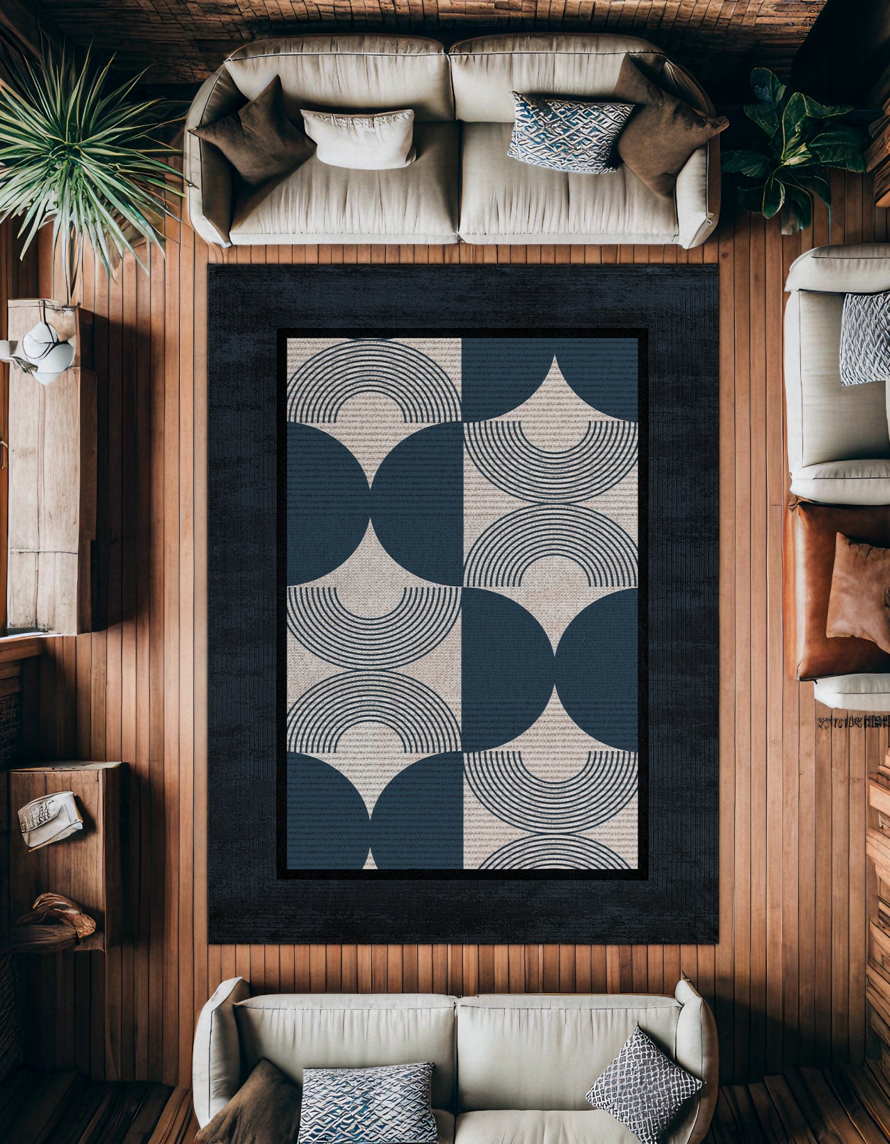 Geometrik Lacivert Çerçeveli Kaymaz Tabanlı Yıkanabilir Halı