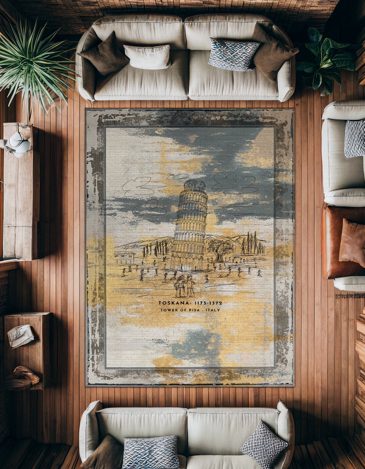 Pisa Kulesi Kaymaz Tabanlı Yıkanabilir Halı