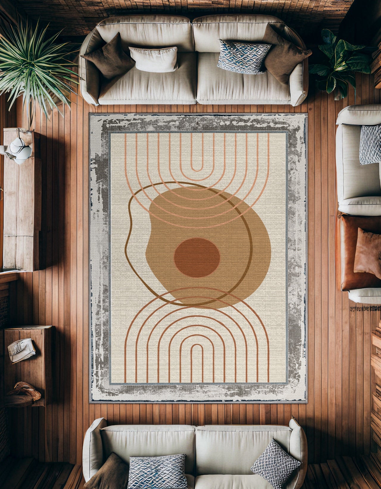 Eskitme Detaylı Kaymaz Tabanlı Yıkanabilir Halı