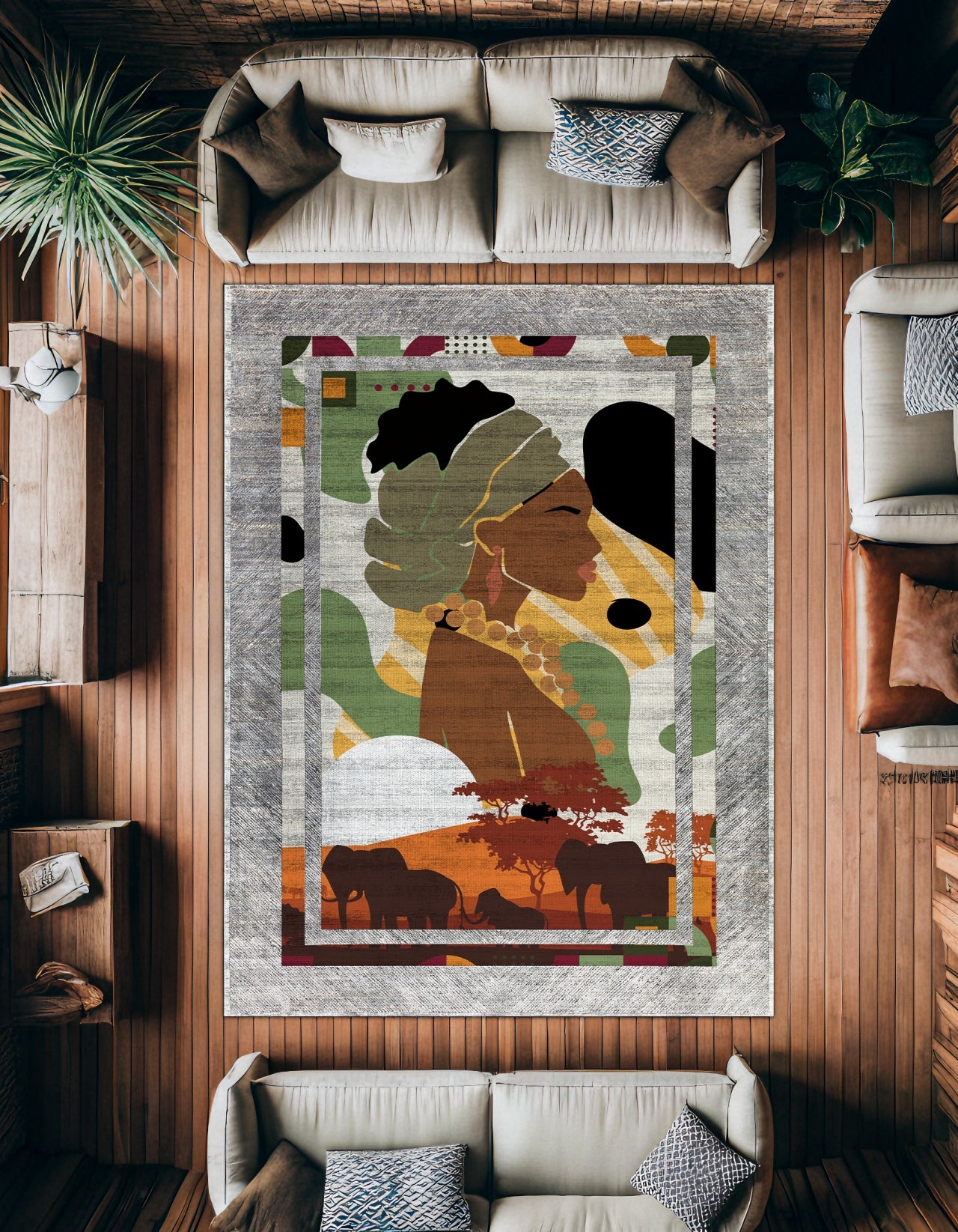 Safari ve Kadın Detaylı Kaymaz Tabanlı Yıkanabilir Halı